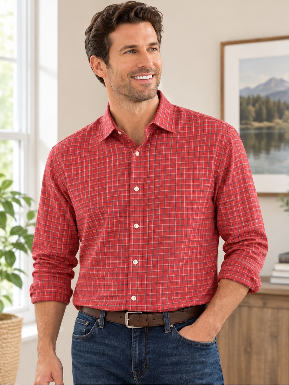 Ledbury Fine Shirting Tailored Fit Red Plaid Shirt – 15/Small